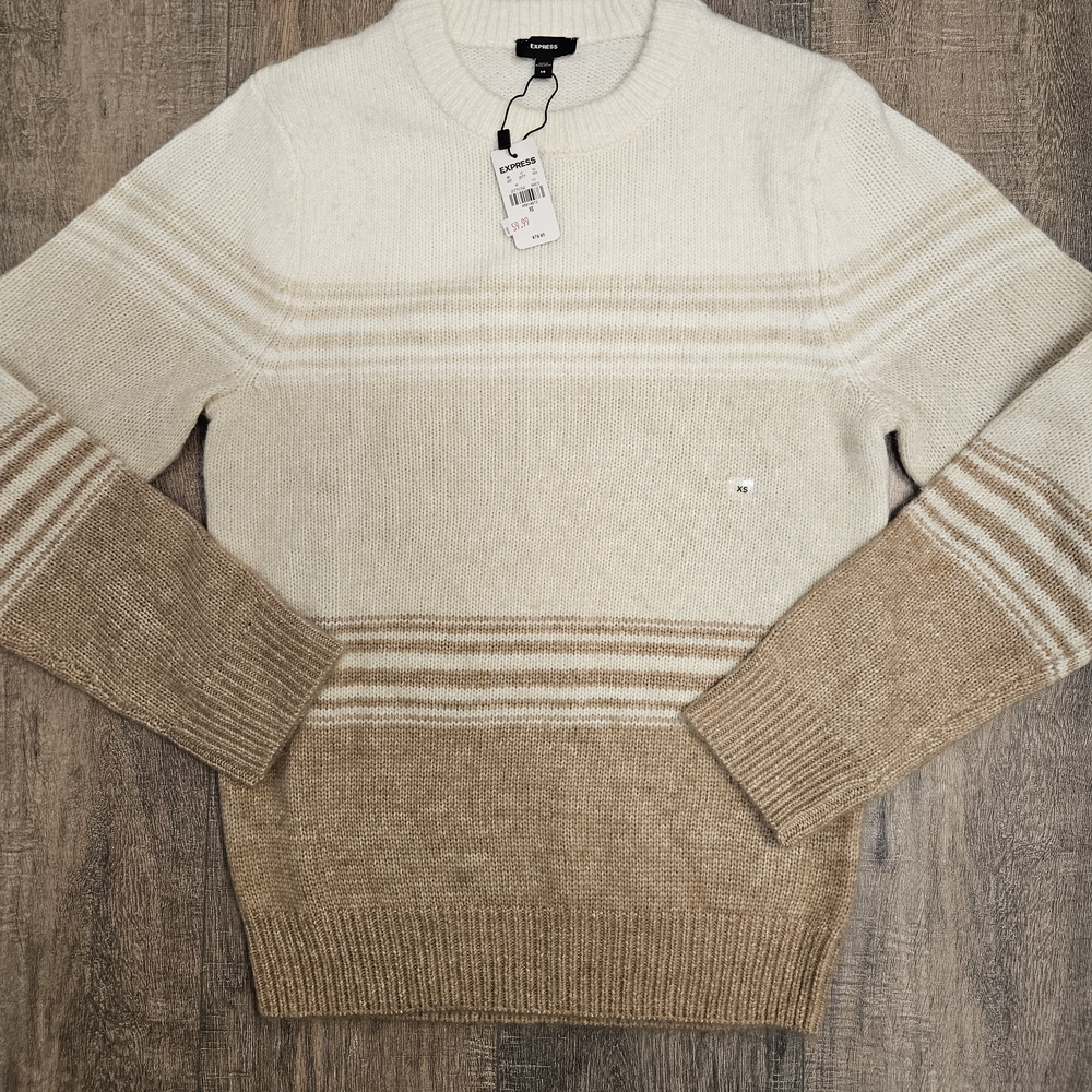 Express Cream and Tan Striped Crewneck Sweater